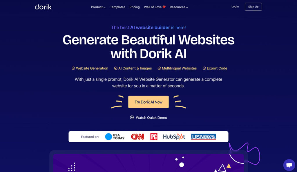 dorik ai website builder homepage
